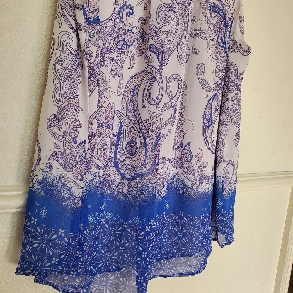 Daniel Rainn Top Sleeveless Pullover Blouse L White Purple Sheer Lined Paisley - Picture 5 of 14